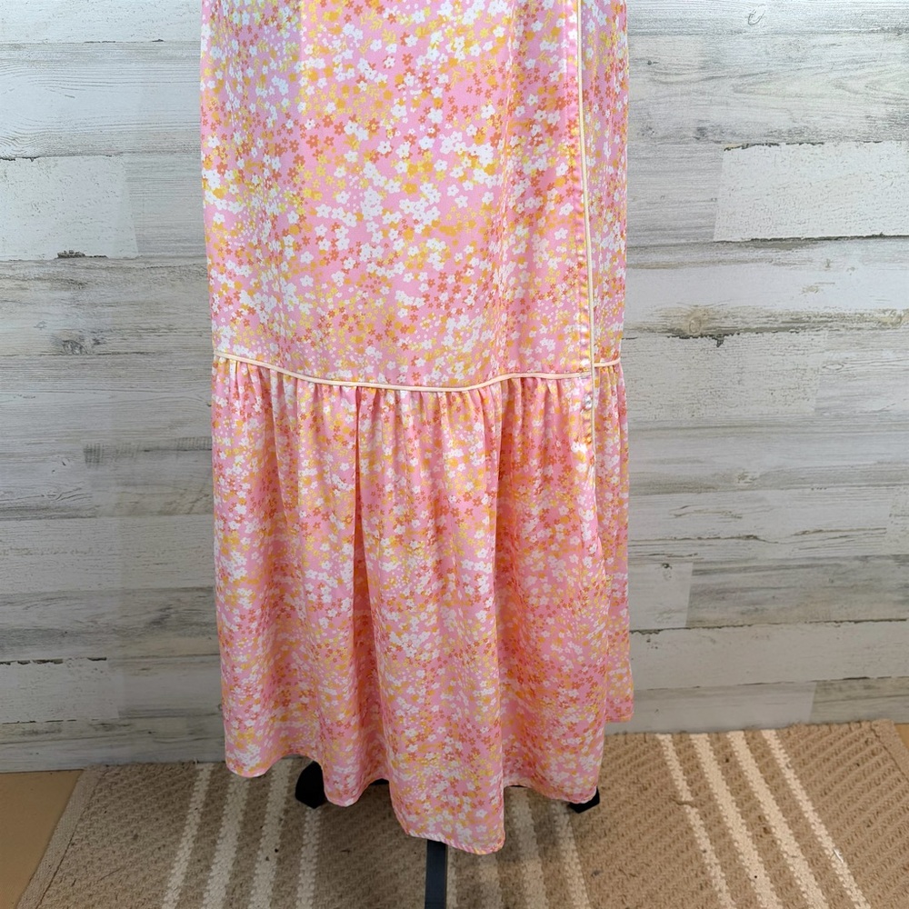 LaRoque Floral Wrap Midi Dress Pink Yellow Cottagecore Preppy Feminine Small - Picture 14 of 16